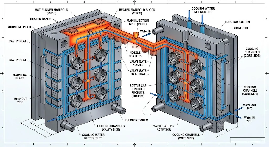 Water cap mould hot runner and cooling design