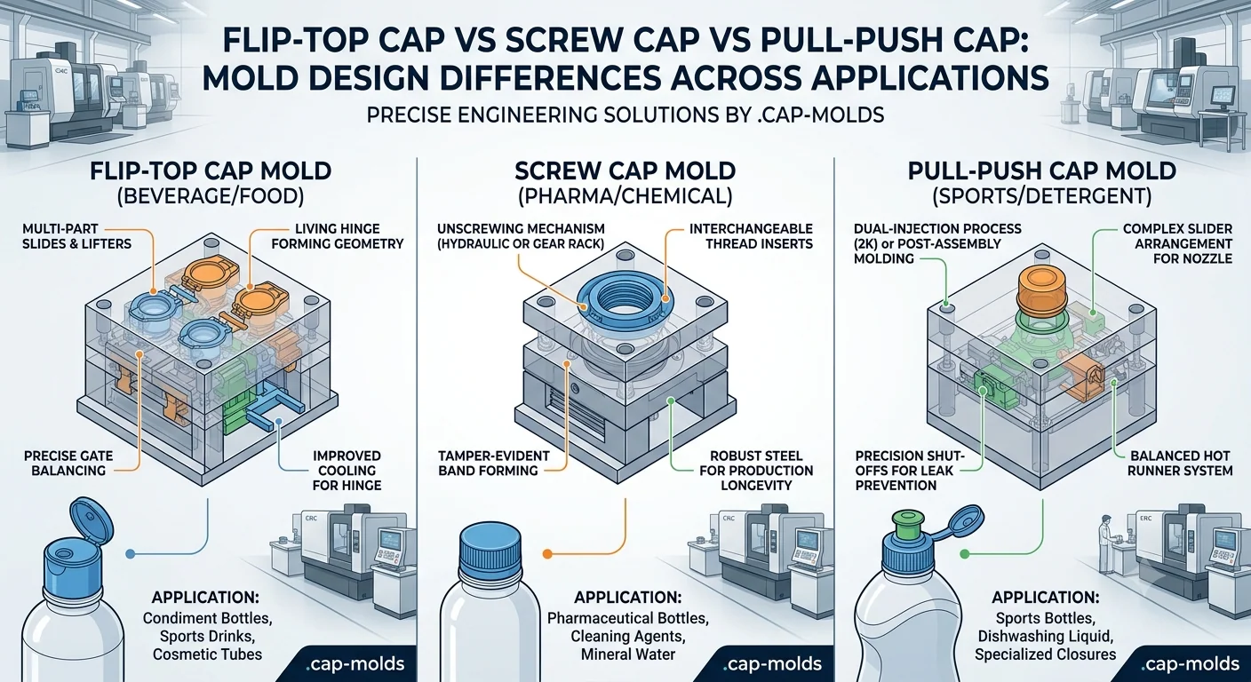 Flip-Top Cap vs Screw Cap vs Pull-Push Cap: Mold Design Differences Across Applications