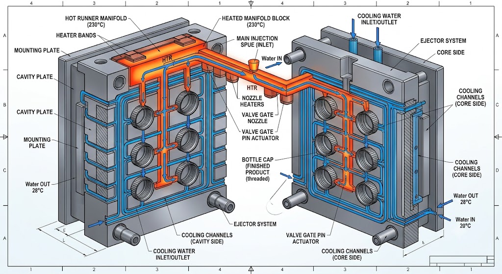Water cap mould hot runner and cooling design