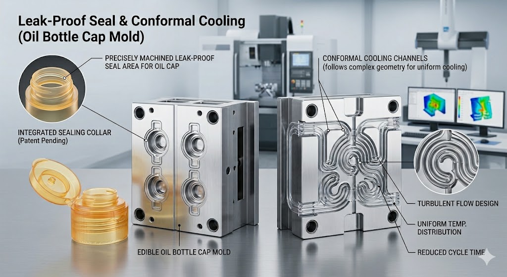 Edible oil cap mould sealing and cooling design
